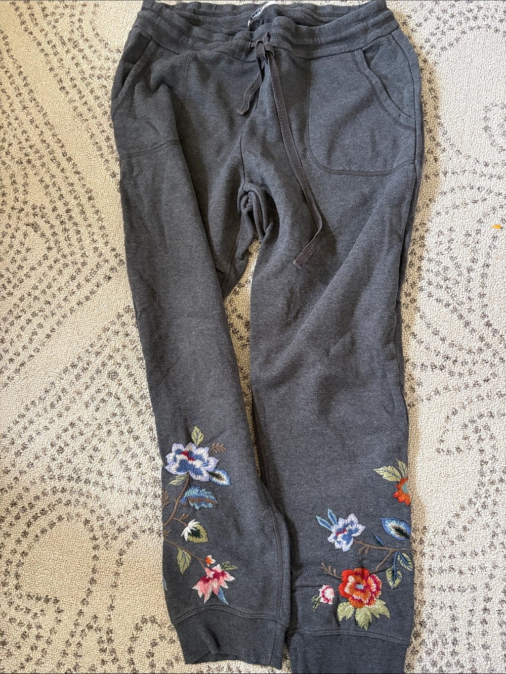 Johnny Was Dark Gray Joggers with Floral Embroidery
